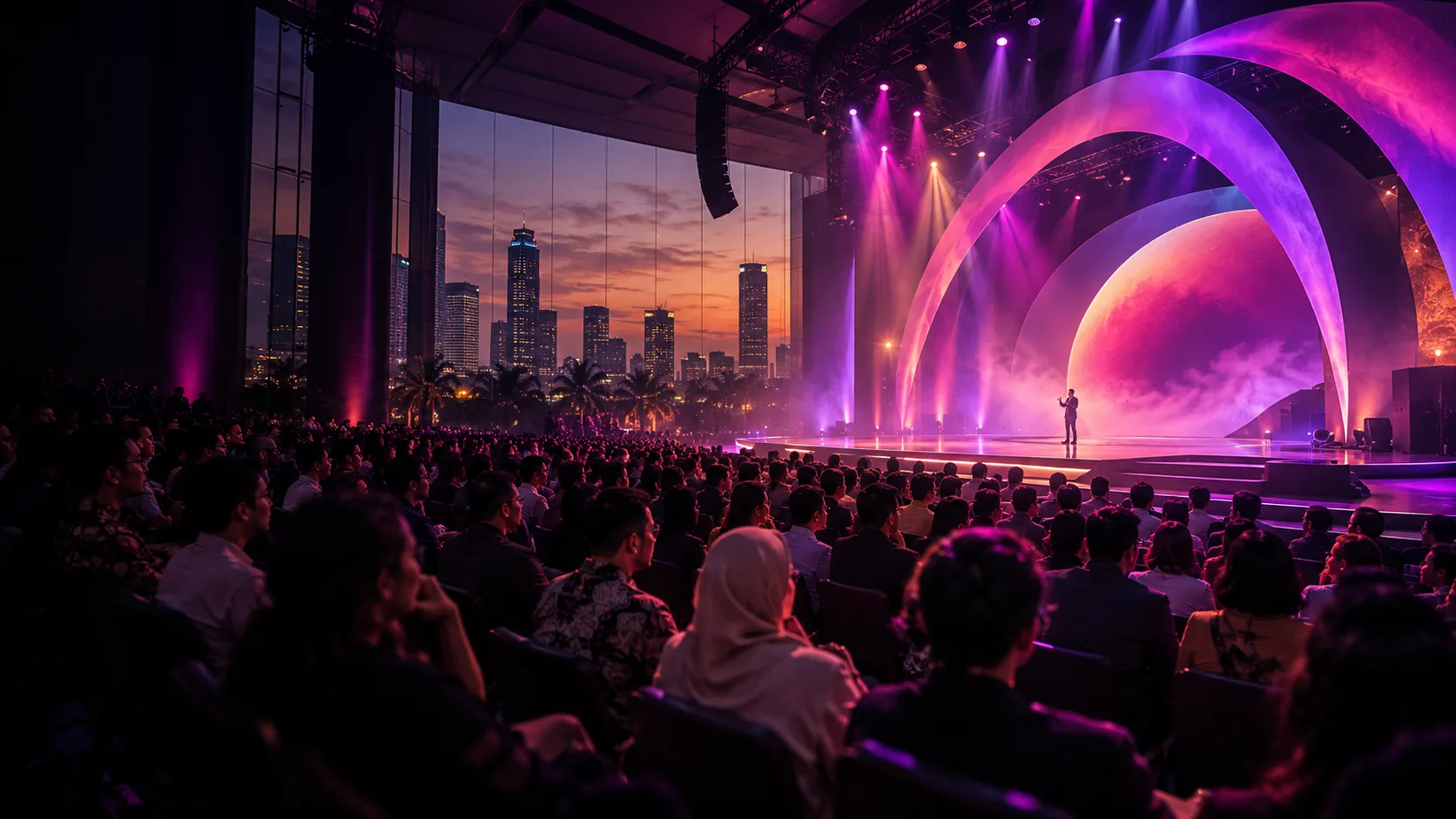 Audience gathered beneath purple lights at a creative event